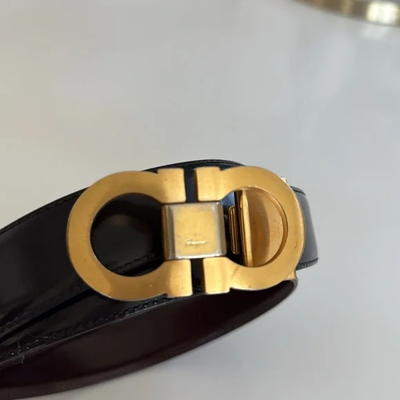 Salvatore Ferragamo Gold Dark Brown Leather Gancini Belt size 40”
